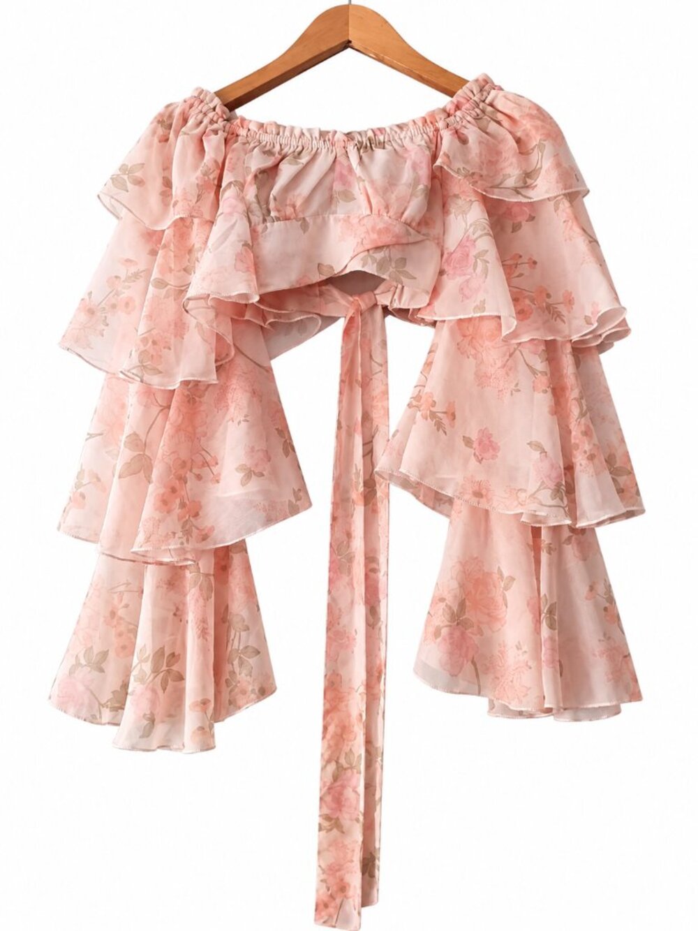 Miss Selfridge Pink Floral Off Shoulder Long Ruffle Sleeve Crop Top Fairycore 0